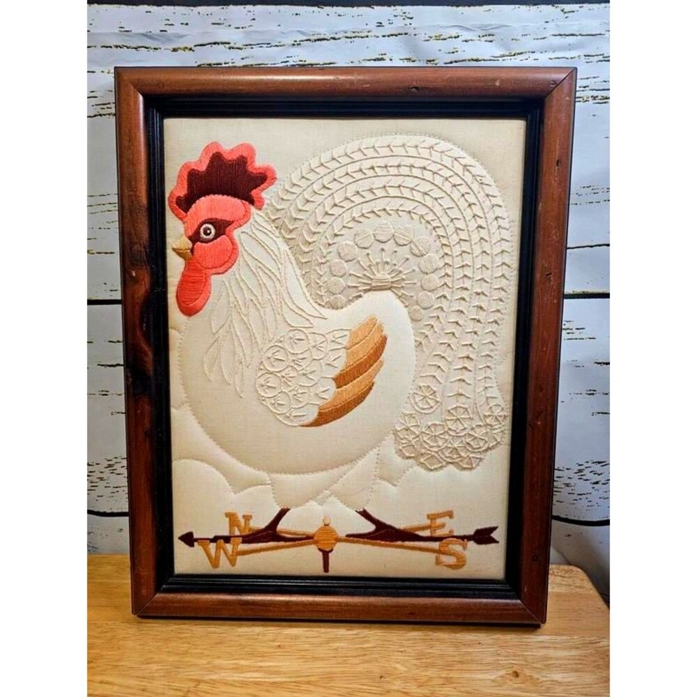 Vintage Rooster Embroidered Framed Wall Art Folk Farmhouse Decor